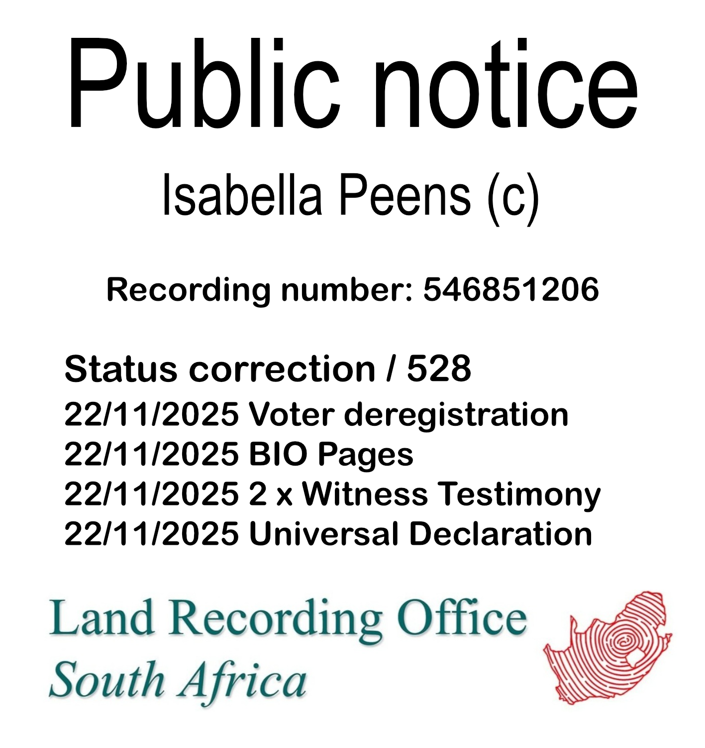 Public notice Isabella Peens Recording number 546851206